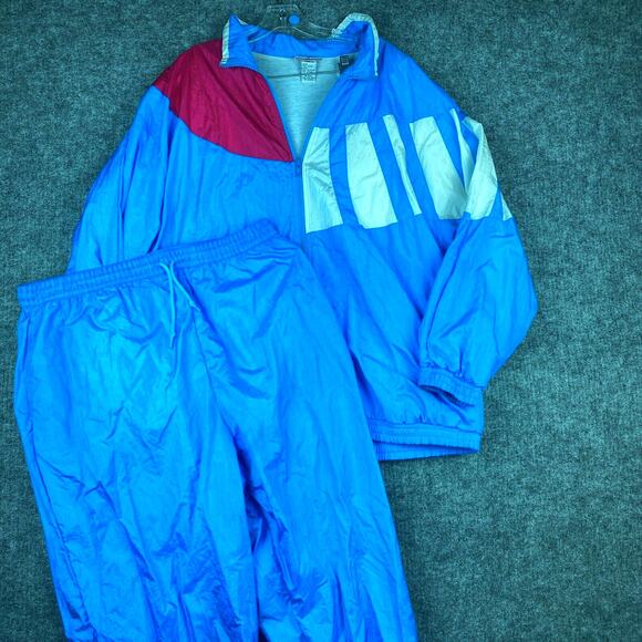 Vintage 80s 90s Track Suit Women 1X Blue Pink Nylon Parachute Jacket Pants Set - Picture 1 of 12